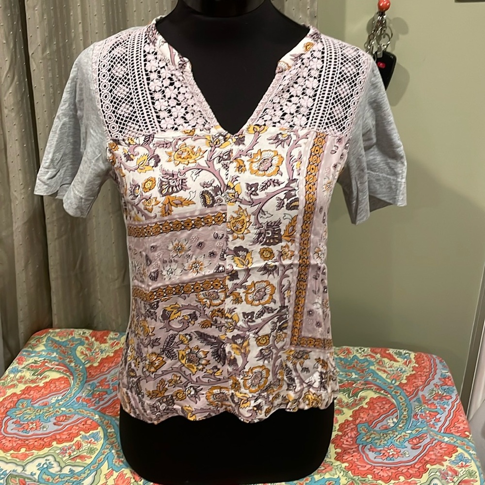 Anthropologie TINY Purple Floral Lace Short Sleeve Boho Top